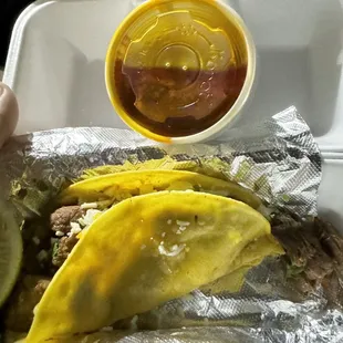 The taco was good, but the dipping broth was way too greasy.