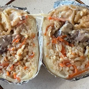 Steak and shrimp fried rice burrito