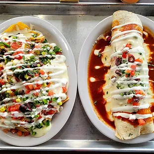 Chicken Nacho Supreme on the left. Burrito Deluxe on the right.
