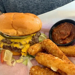Just Saying ... Double Cheese burger and Mozzarella Sticks with Red Sauce