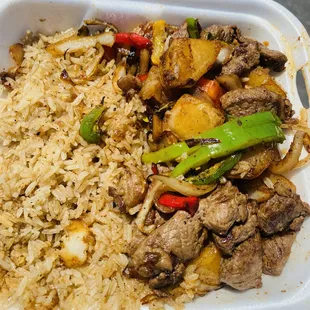 NY steak tips bowl: fuego rice, potatoes, fajita veggies, special sauce, hot or mild sauce.