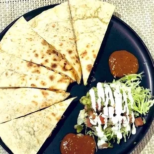 Quesadillas with any protein: lettuce, pico, cream, guacamole