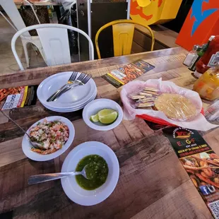 a table with a variety of food items