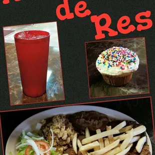 a plate of food and a drink