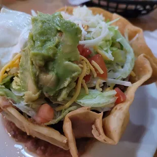 Taco salad with beef.  Great toppings, but the star was that fresh, crispy shell!  Yummy!