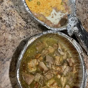 Chile Verde. Mexican Rice. Refried Beans
