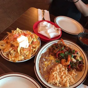 half order of chicken nachos, beef and shrimp plate