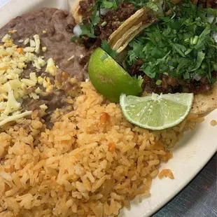 Two Taco Tripas with Arroz y Frijoles