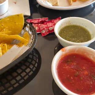 Two different salsas, not spicy but tastes delicious