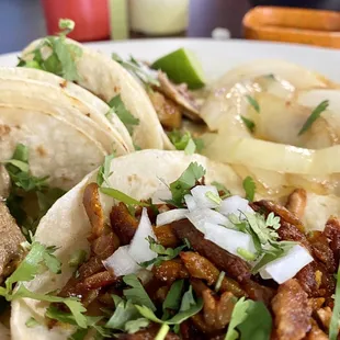 Street tacos; Carnitas and Trompo (spicy pork) MUY DELICIOSO!!