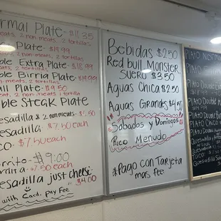 a menu on a whiteboard
