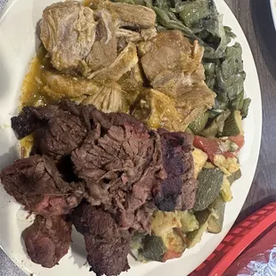 a plate of meat and vegetables