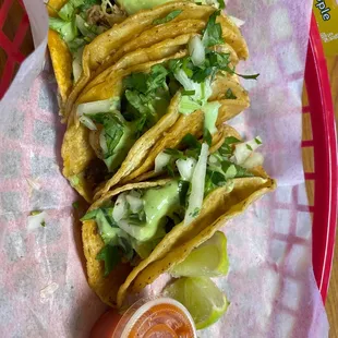 Shrimp, chicken and Fish tacos.
