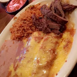 Tex-mex special. (Cheese enchilada and beef fajita)