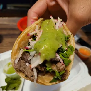 a hand holding a taco