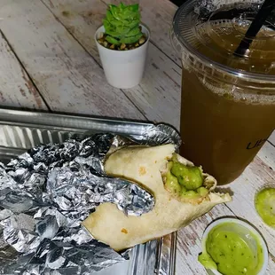 chiken baby burrito, tamarin water, green salsa