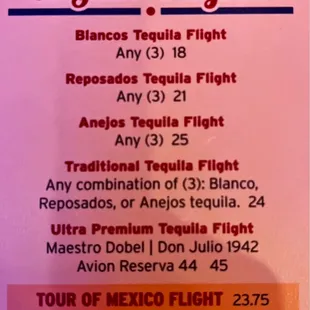 Tequila Flights on drink menu