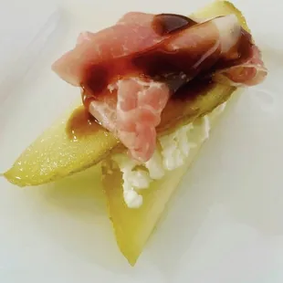 Bourbon Caramelized Pears with prosciutto and goat cheese.