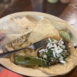 Steak taco and chicken quesadilla