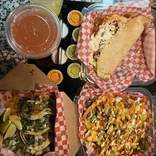 Quesadilla, Carne asada fries, tacos and fruit lemonade!