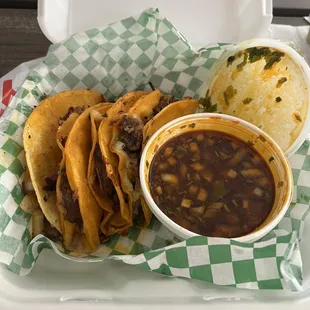 4 Quesabirria tacos with consume.