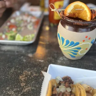 Palomaza drink and fajita, beef, and Pastor tacos! (They Slap!!)