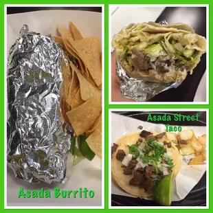 Asada Burrito $9 and Asada Street Taco $2.50