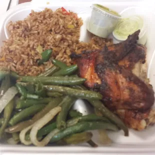 1/4 chicken white meat, arroz chaufa, sauted string beans