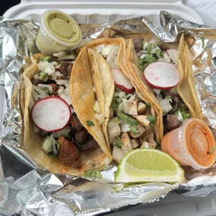Tacos. Steak/Chorizo, chicken, steak.