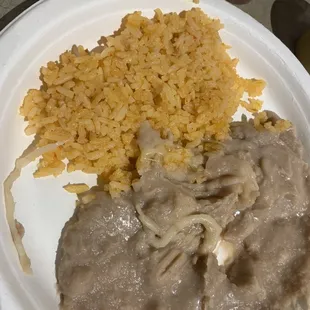 Rice and beans with stringy cheese