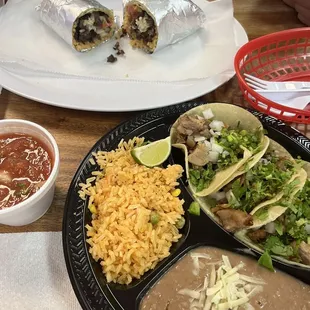 Mini burrito and carnitas tacos