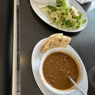 Vegetarian pita wrap with salad and Fakes soup