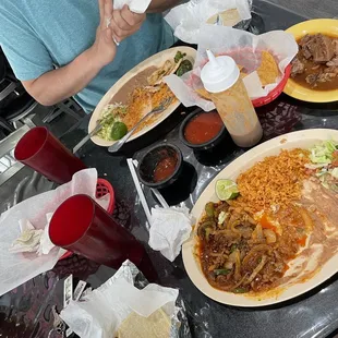 Phone definitely did not eat first - steak ranchero + pollo asado + birria sample