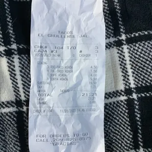 a receipt for a restaurant