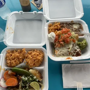 Chorizo Tacos and rice and Pastor Enchiladas with rice and beans