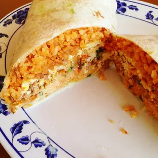 Breakfast burrito, not on the menu just ask for it.