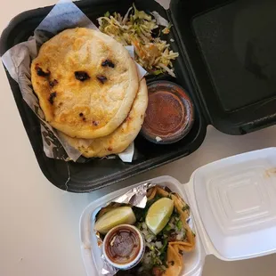 Two pupusas and one steak taco. 3.17.23