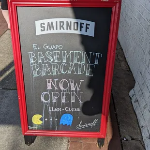 Sign next to the twin black doors that lead to the basement barcade, it's a little confusing the first time.