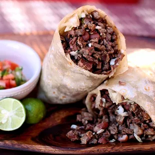 Our burritos come in beef or chicken.