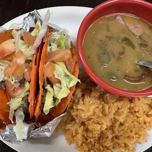 Beef Crispy Taco Plate with  rice &amp; charro beans.