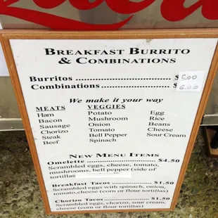 a menu for breakfast burrito and combinations