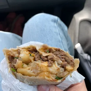 a hand holding a burrito