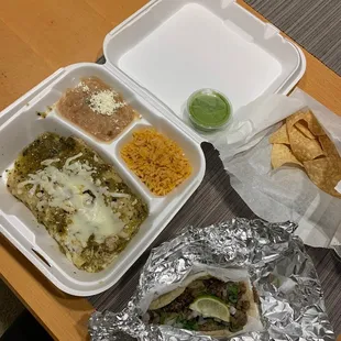 Green chicken enchiladas + carne asada taco combo