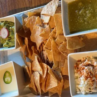 Four dip appetizer with medium salsa