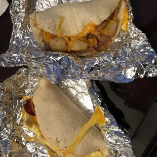 Bean, potato, cheese on corn + bacon, egg, cheese on corn