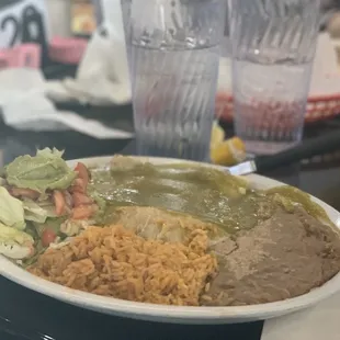 Green Enchiladas with shredded chicken and ground beef