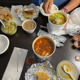 Chicken soup, beef soup, guacamole, side of beans