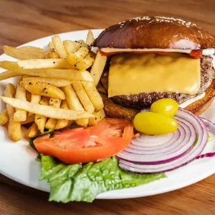 a cheeseburger and french fries