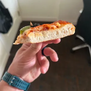 a hand holding a piece of pizza