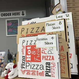Front counter with pizza sizes